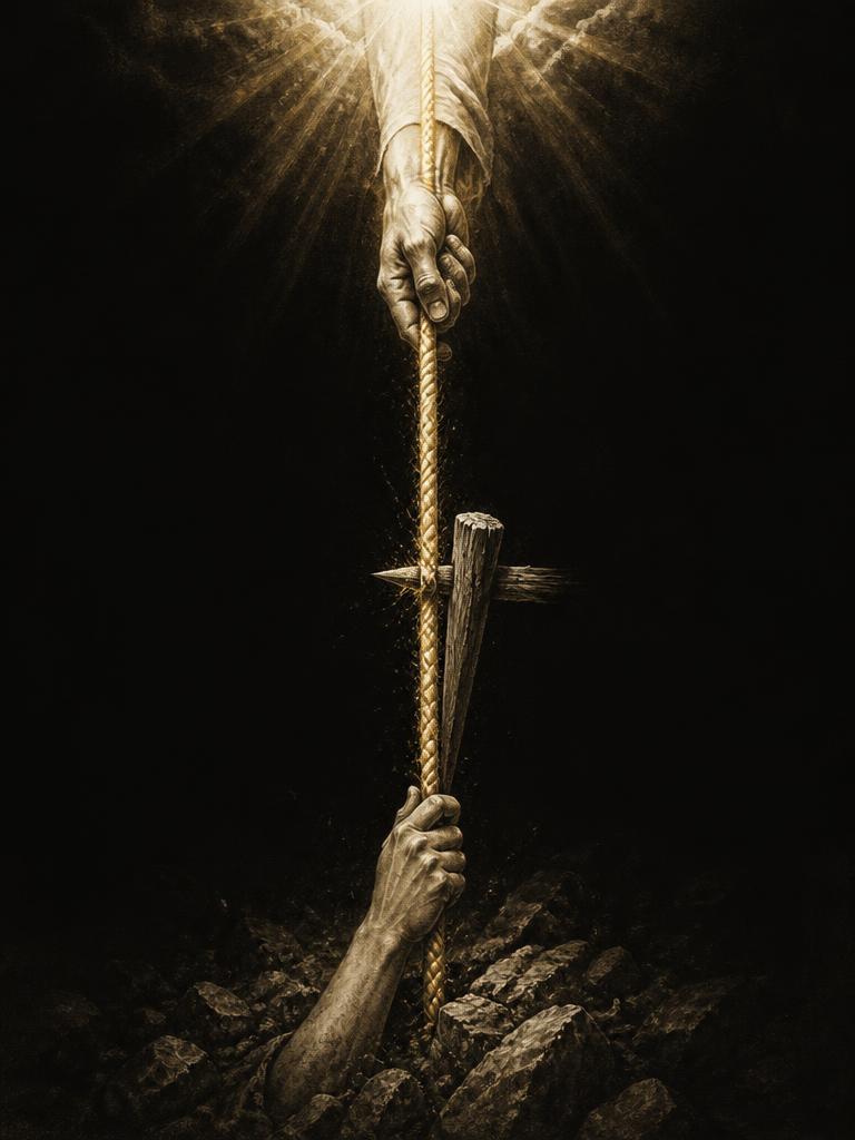Two hands on a rope descending from heaven, with a wooden stake driven into rocky ground marking the moment of salvation.